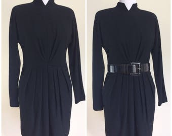 1980s G.B. Scott Wool Dress | Vintage 80s Pleated Front Long Sleeve Dress | Mandarin Collar Little Black Dress Size 8