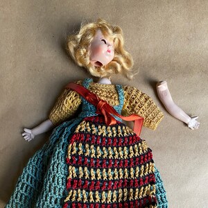 1960s Plastic Doll with Hand Crochet Dress Disarticulated Damaged Needs Repair Restring