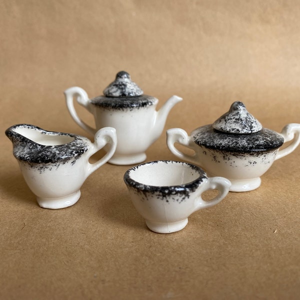 Black and White Vintage Miniature Tea Set Made in Japan 1950s Repaired