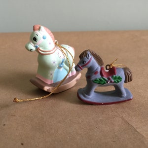Pair of Vintage Pastel Rocking Horse Christmas Tree Ornaments
