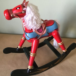 Vintage Red Wooden Rocking Horse with Yarn Mane and Tail. Painted Red Rocking Horse
