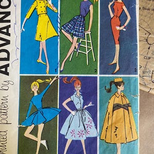 May include: A vintage Advance sewing pattern envelope for Mattel teen age fashion doll clothing. The front features six illustrations of dolls wearing various outfits including a yellow coat, plaid skirt, orange dress, blue skirt, and cape.