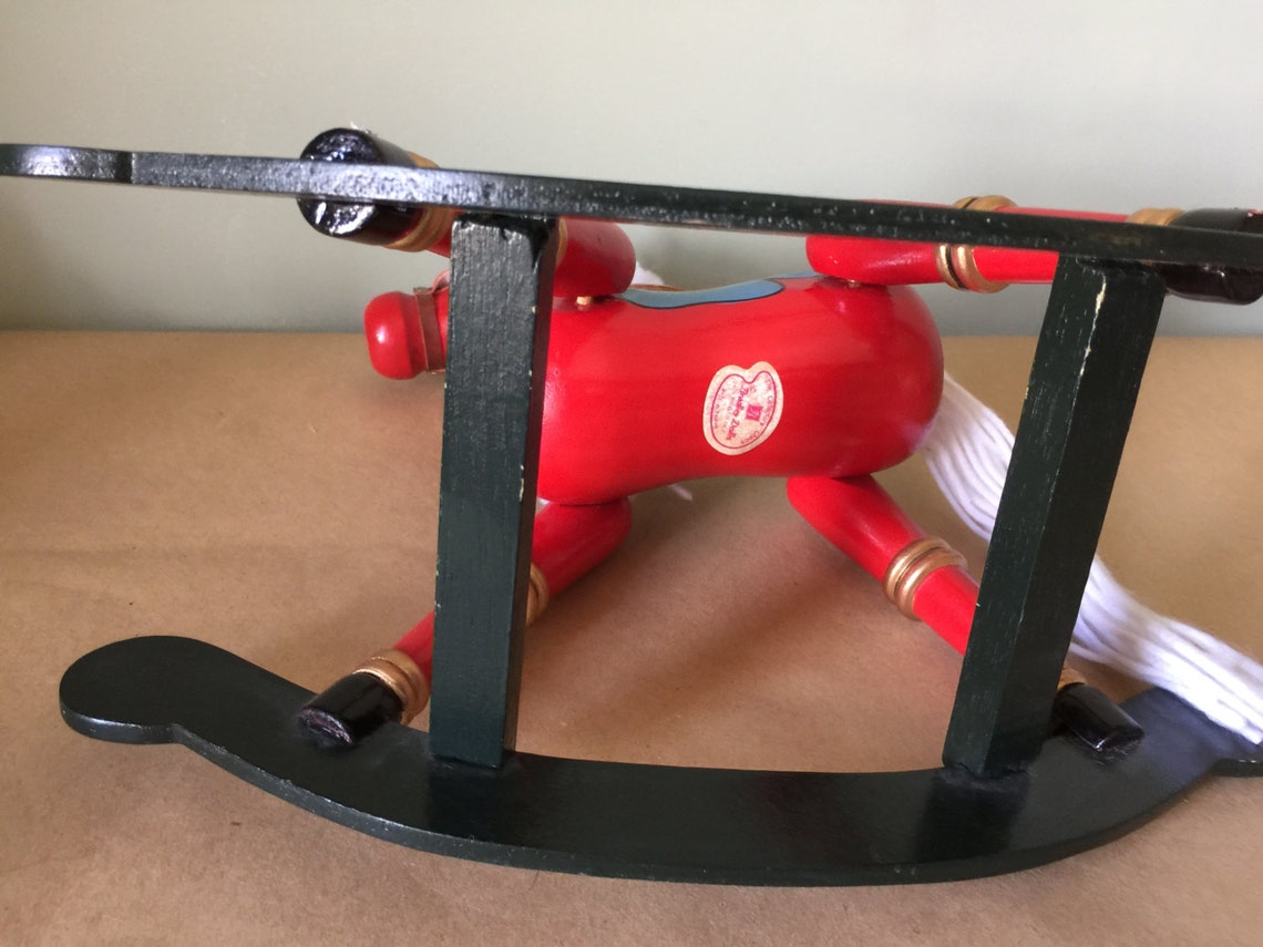Vintage Red Wooden Rocking Horse with Yarn Mane and Tail. | Etsy