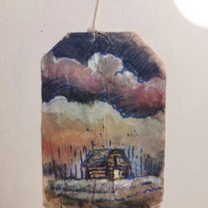 Tea bag art - Paesaggio dipinto su bustina da the