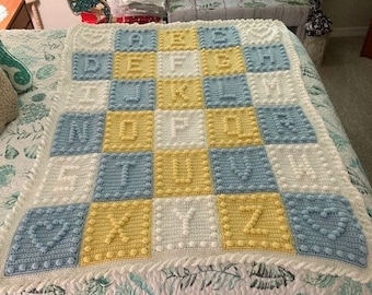 Crochet Pattern Alphabet Baby Blanket Puff Stitch With Single Crochet Edging by Pam