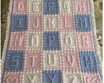 LARGE PRINT Crochet Pattern Alphabet Baby Blanket Puff Stitch by Pam