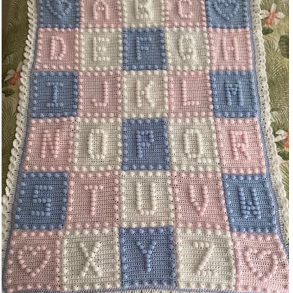 LARGE PRINT Crochet Pattern Alphabet Baby Blanket Puff Stitch by Pam