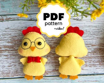 May include: A PDF pattern for a felt chick with glasses and a bow tie. The pattern includes a video tutorial. The chick is yellow with red accents and is shown from the front and back.
