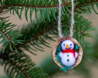 Snowman in a Nutshell Christmas Decoration Christmas tree needle felted in half walnut shell Snowman in Walnut Shell Christmas Ornament