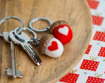 Handmade keychain "Love" gifts for her valentines day Wool white and red acorn keychain Cute keychain Small gifts for valentines day