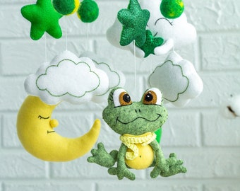 Frog baby mobile, Green nursery mobile, Baby Crib Mobile, Moon and Stars Mobile, Hanging mobile, New mom gift, Gender Neutral Nursery Decor