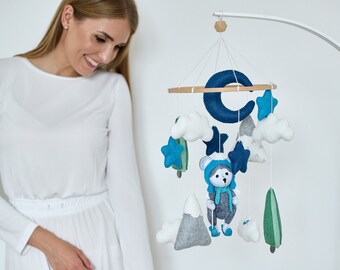 Wolf baby mobile, wolf nursery decor, mountain mobile, boy baby mobile, cloud mobile, stars and moon nursery mobile, crib mobile