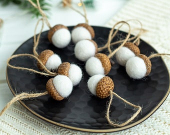 Felted acorn ornaments, Set of 6/12/20 natural white rustic holiday decorations Wool Felted Acorns Fall Christmas ornaments