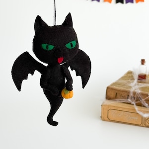 Black Cat Ghost with Pumpkin – Halloween Felt Ornament – Hanging Bat Cat Plush – Spooky Cute Halloween Cat – Handmade Halloween Decoration
