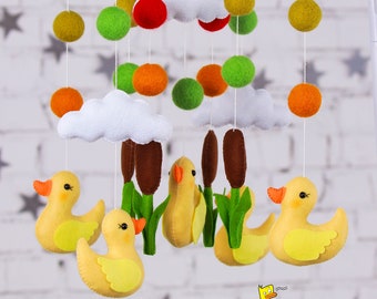 Animal orange little cute ducks baby mobile - rubber duck mobile - woodland nursery -  forest baby mobile - Nursery Soft Duck Felt Mobile