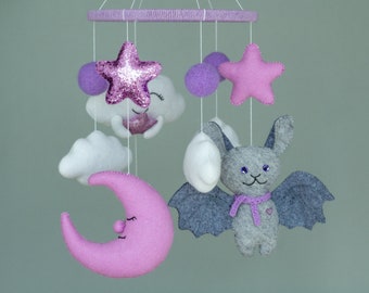 Bat nursery mobile, Bat baby mobile, Baby Crib Mobile, Moon and Stars Mobile, Halloween baby mobile, lavender crib mobile, nursery decor