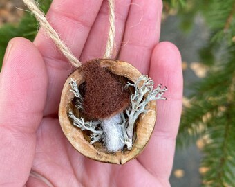 Può includere: Un piccolo ornamento a forma di fungo in feltro marrone all'interno di un guscio di noce con uno spago bianco per appenderlo. Il fungo è circondato da licheni bianchi secchi.