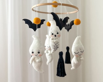 Móvil fantasma para bebé, Móvil de murciélago, Decoración de Halloween para guardería, Móvil fantasma para guardería, Móvil fantasma de fieltro, Móvil en blanco y negro, Móvil de Halloween para bebé