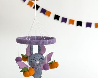 Felt Bat Baby Mobile: Halloween Crib Decor with Pumpkins & Bows
