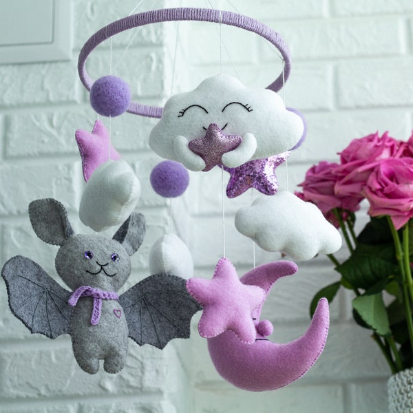 Mobile pour bébé chauve-souris, mobile pour chambre de bébé chauve-souris, mobile pour lit de bébé, mobile lune et étoiles, mobile pour bébé Halloween, mobile pour lit de bébé lavande, décoration de chambre d'enfant