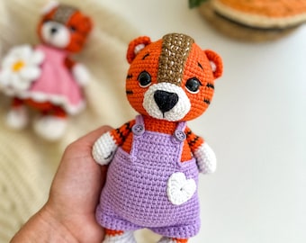 Crochet Tiger Amigurumi Toy: Handmade Plush Doll in Overalls