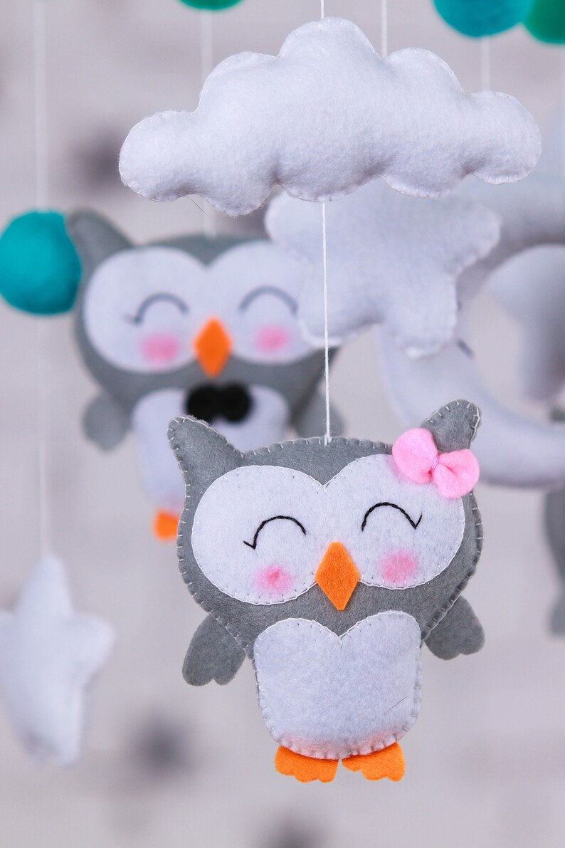 Hanging owl baby mobile Gray and Mint baby crib mobile Etsy