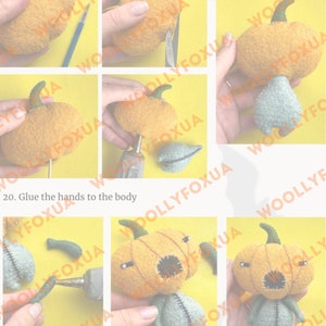 May include: A step-by-step guide on how to make a felt pumpkin craft. The instructions show how to glue the hands to the body of the pumpkin. The pumpkin is orange with a green stem and a stitched face. The hands are light blue with stitched seams.
