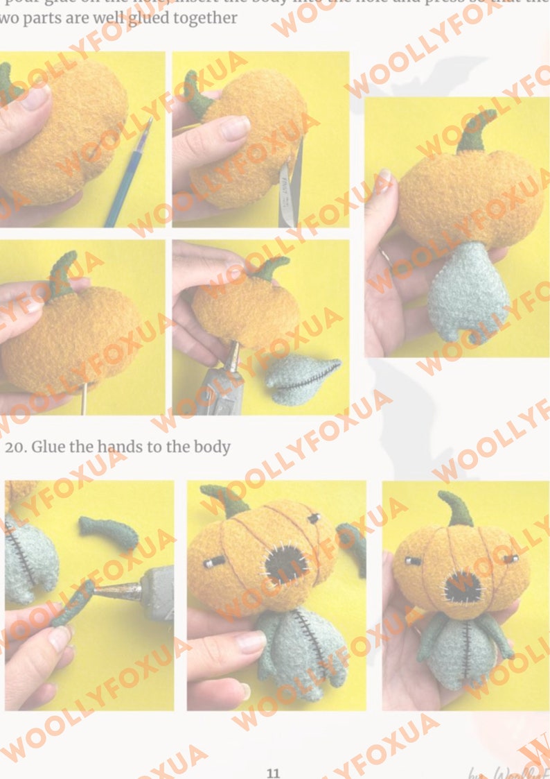May include: A step-by-step guide on how to make a felt pumpkin craft. The instructions show how to glue the hands to the body of the pumpkin. The pumpkin is orange with a green stem and a stitched face. The hands are light blue with stitched seams.