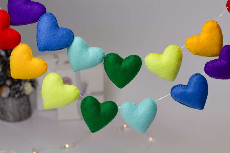 Valentine Heart Garland Fall In Love Banner, Valentines Decor, Valentines Banner Multicolored Garland, Heart Felt Garland, rainbow Garland image 2