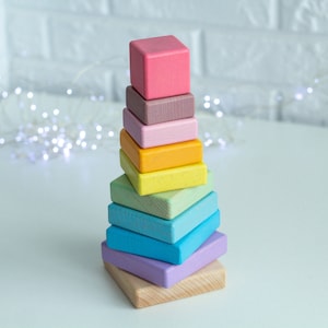 Rainbow Wooden Ring Stacker, Wooden Ring Pyramid Tower, First Toys for Baby, toddler montessori toys, Educational Toy, Waldorf Sensory Toys