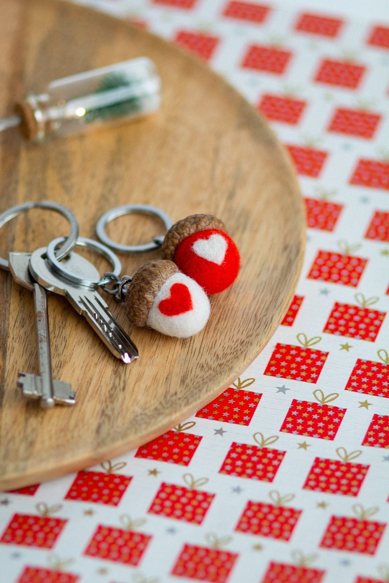 Handmade keychain Love gifts for her valentines day Wool white and red acorn keychain Cute keychain Small gifts for valentines day image 1