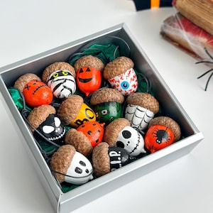 Halloween acorn ornaments Set of 13 Hand painted multi-colored acorns Fall home decor Halloween tree ornaments Acorn decorations
