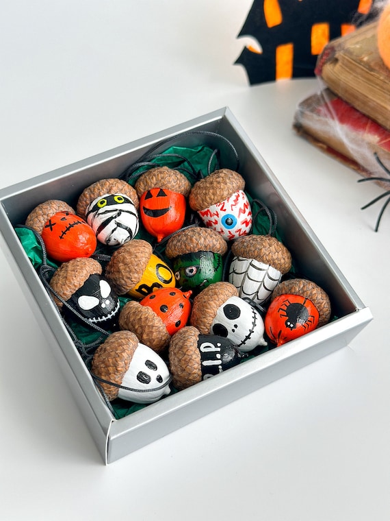 Halloween acorn ornaments Set of 13 Hand painted multi-colored acorns Fall home decor Halloween tree ornaments Acorn decorations