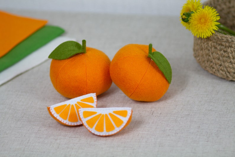 Orange play food, Citrus fruits felt, Toy Orange stuffed toys for baby, pretend play kids kitchen, cooking toys, farmers market image 1