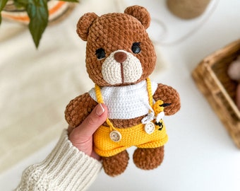 Handmade Knitted Teddy Bear in Overalls, knitted bear, handmade bear toy, crochet bear plushie, amigurumi teddy bear, baby shower gift