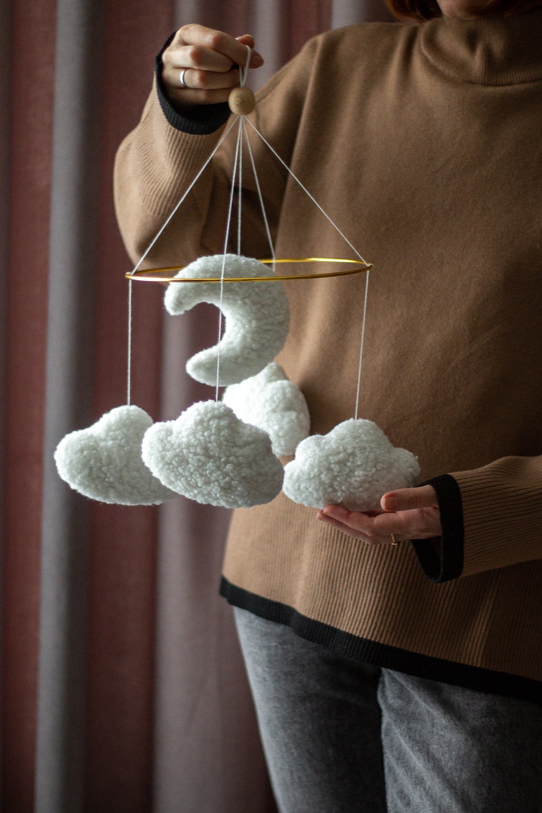 Boucle Cloud Moon Baby Mobile, Crib Mobile, Cloud Mobile, Neutral