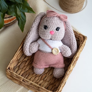 Handmade Pastel Knitted Rabbit in Overalls, knitted bunny, handmade bunny toy, crochet Rabbit plushie, amigurumi Rabbit, baby shower gift