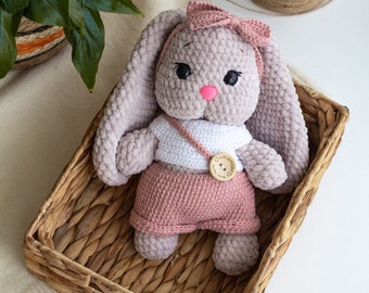 Handmade Pastel Knitted Rabbit in Overalls, knitted bunny, handmade bunny toy, crochet Rabbit plushie, amigurumi Rabbit, baby shower gift