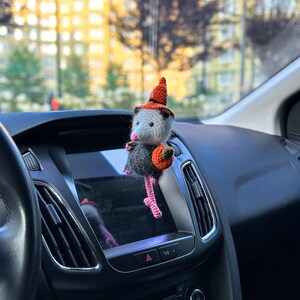 May include: A crocheted opossum wearing a witch hat and holding a small pumpkin. The opossum is hanging from the rearview mirror of a car.