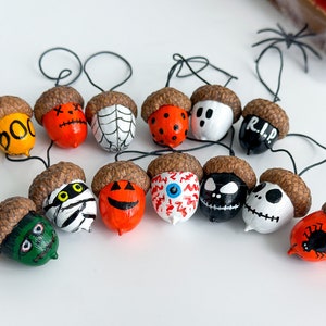 Halloween Acorn decorations Halloween acorn ornaments Set of 13 Hand painted multi-colored acorns Fall home decor Halloween tree ornaments