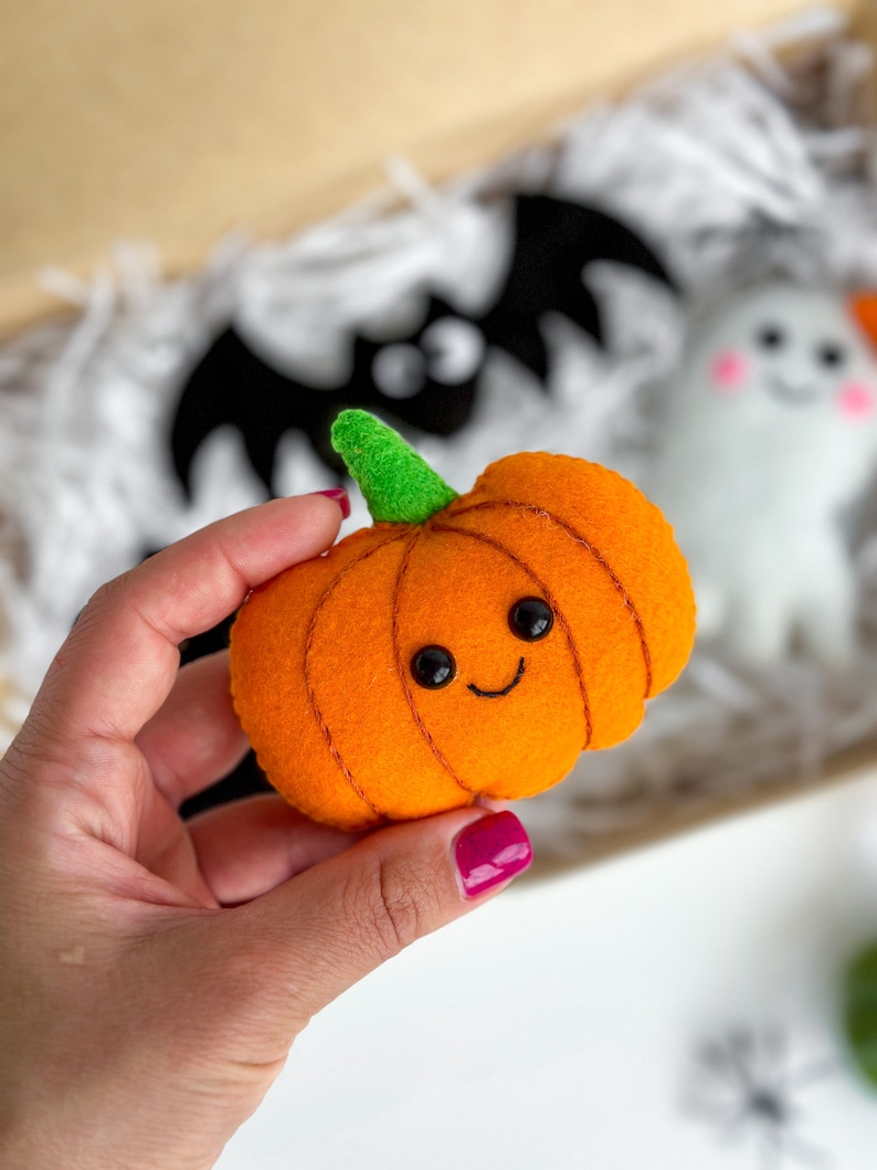 May include: A felt orange pumpkin with a green stem and a smiling face. The pumpkin is being held by a hand with pink nail polish.
