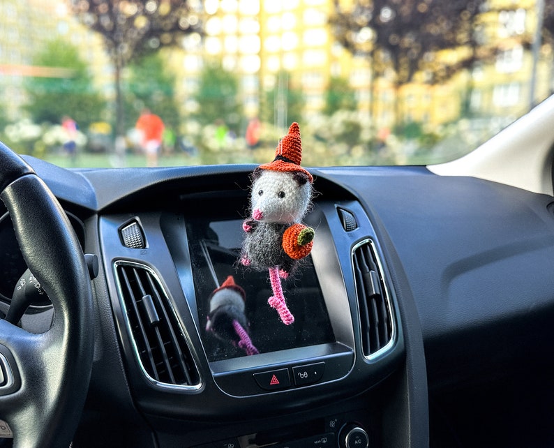 May include: A crocheted plush toy of a possum wearing a witch hat and holding a small orange pumpkin. The toy is hanging from the rearview mirror of a car.