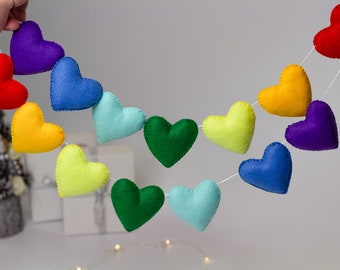 Valentine Heart Garland Fall In Love Banner, Valentines Decor, Valentines Banner Multicolored Garland, Heart Felt Garland, rainbow Garland