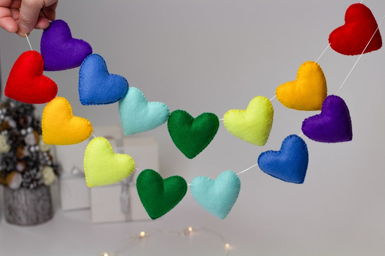 Valentine Heart Garland Fall In Love Banner, Valentines Decor, Valentines Banner Multicolored Garland, Heart Felt Garland, rainbow Garland image 1