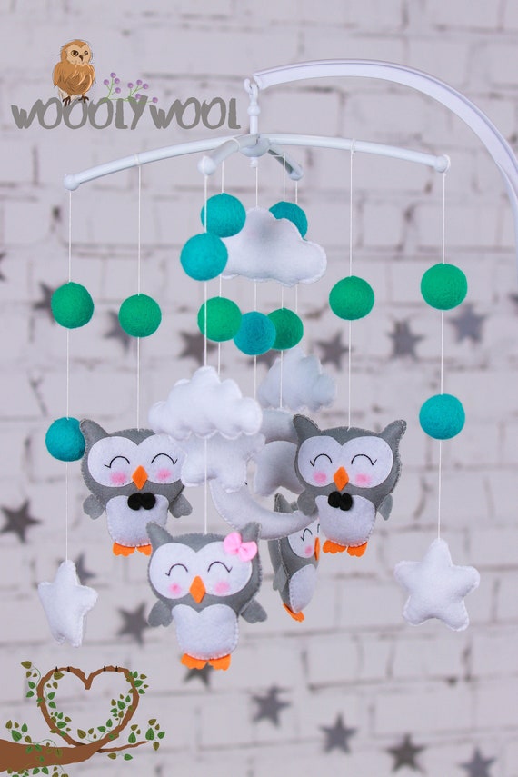 Hanging Owl Baby Mobile Gray And Mint Baby Crib Mobile Etsy