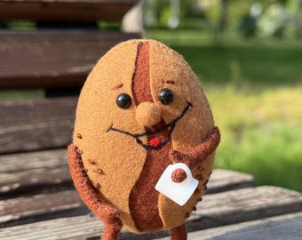 Smiling Felt Coffee Bean Plush with Tiny Cup – Handmade Coffee Lover Gift – Cute Coffee Decor – Funny Felt Toy – Barista Miniature