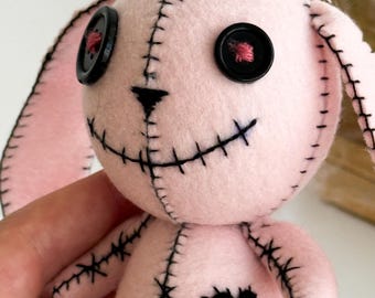 Halloween Voodoo Bunny Plush – Creepy Cute Pink Stuffed Rabbit with Stitches, Gothic Spooky Toy or Decor