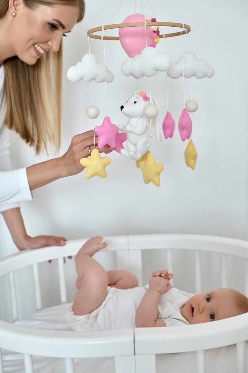 Baby Girl Mobile, White Bunny Mobile Girl, Pink Nursery Mobile, Cot ...