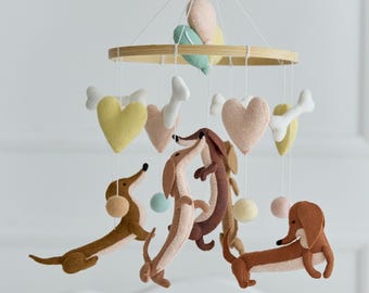 Felt Baby Mobile - Dachshunds, Hearts and Bones - Neutral Dog Nursery Crib/Cot Mobile