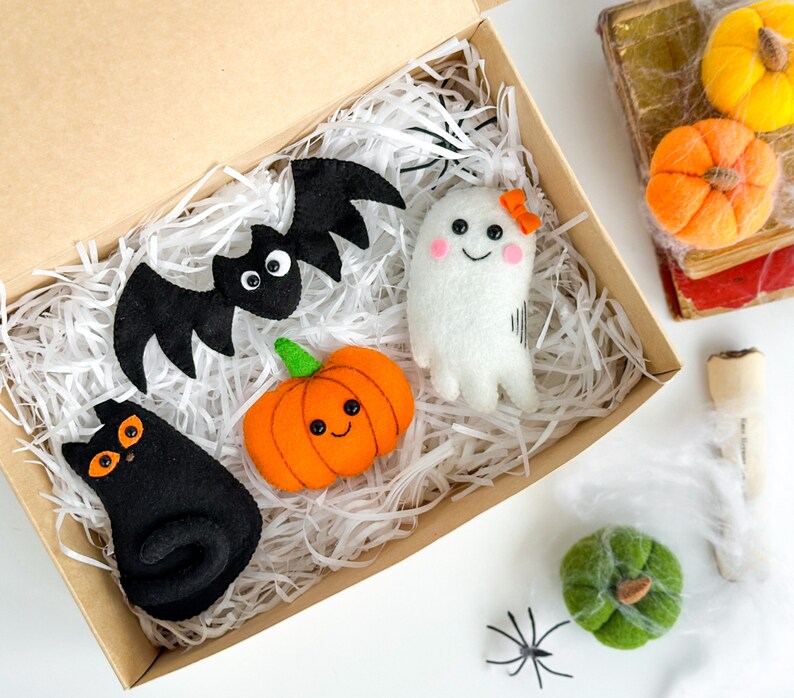 May include: A set of five felt Halloween decorations in a box. The decorations include a black cat, a bat, a ghost, a pumpkin, and a green pumpkin.
